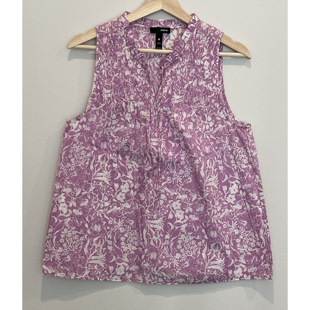 Aqua Women’s Top Small Size Floral Print Tassel Tie 100% Cotton Purple White - Picture 2 of 9